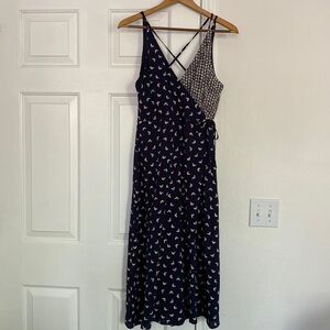 Navy Blue Bird Print Midi Wrap Dress with Strappy Back